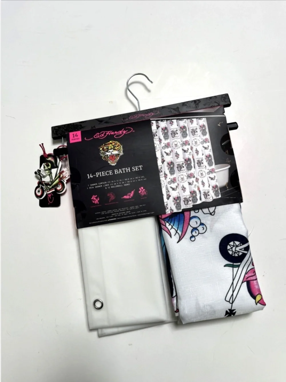 New Ed Hardy Motorcycle Skull Shower Curtain Set 72x72 PEVA Liner 12 Hooks
